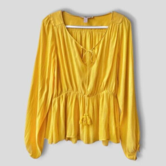 Bahamas Bohemian Tuscany Yellow Bishop Tie front Peplum Blouse- XS (looser fit) - Picture 1 of 16